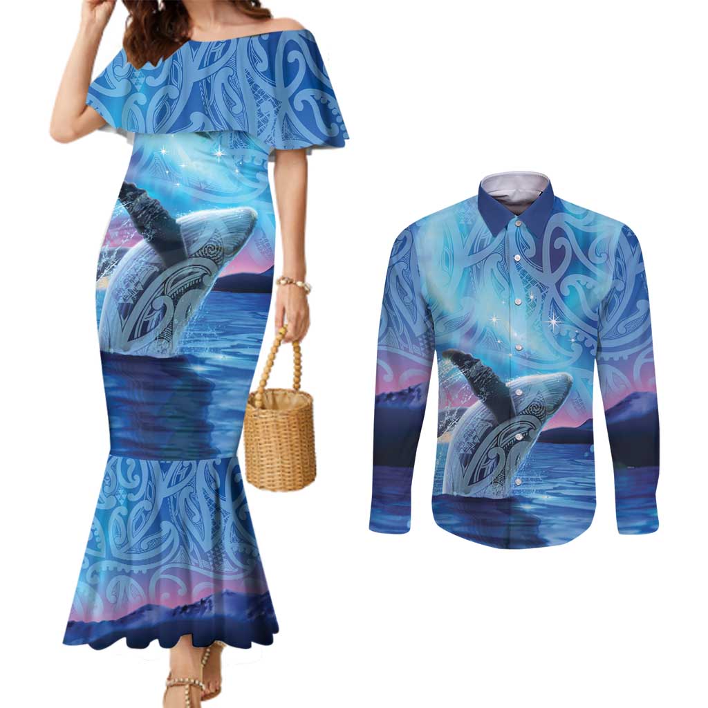 New Zealand Matariki Humpback Whale Couples Matching Mermaid Dress and Long Sleeve Button Shirt Paikea Maori New Year Blue Galaxy