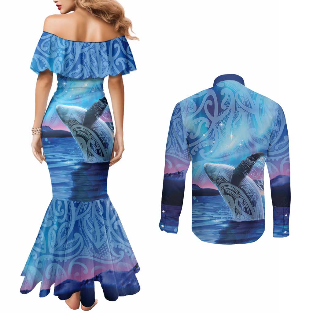 New Zealand Matariki Humpback Whale Couples Matching Mermaid Dress and Long Sleeve Button Shirt Paikea Maori New Year Blue Galaxy LT14 - Polynesian Pride
