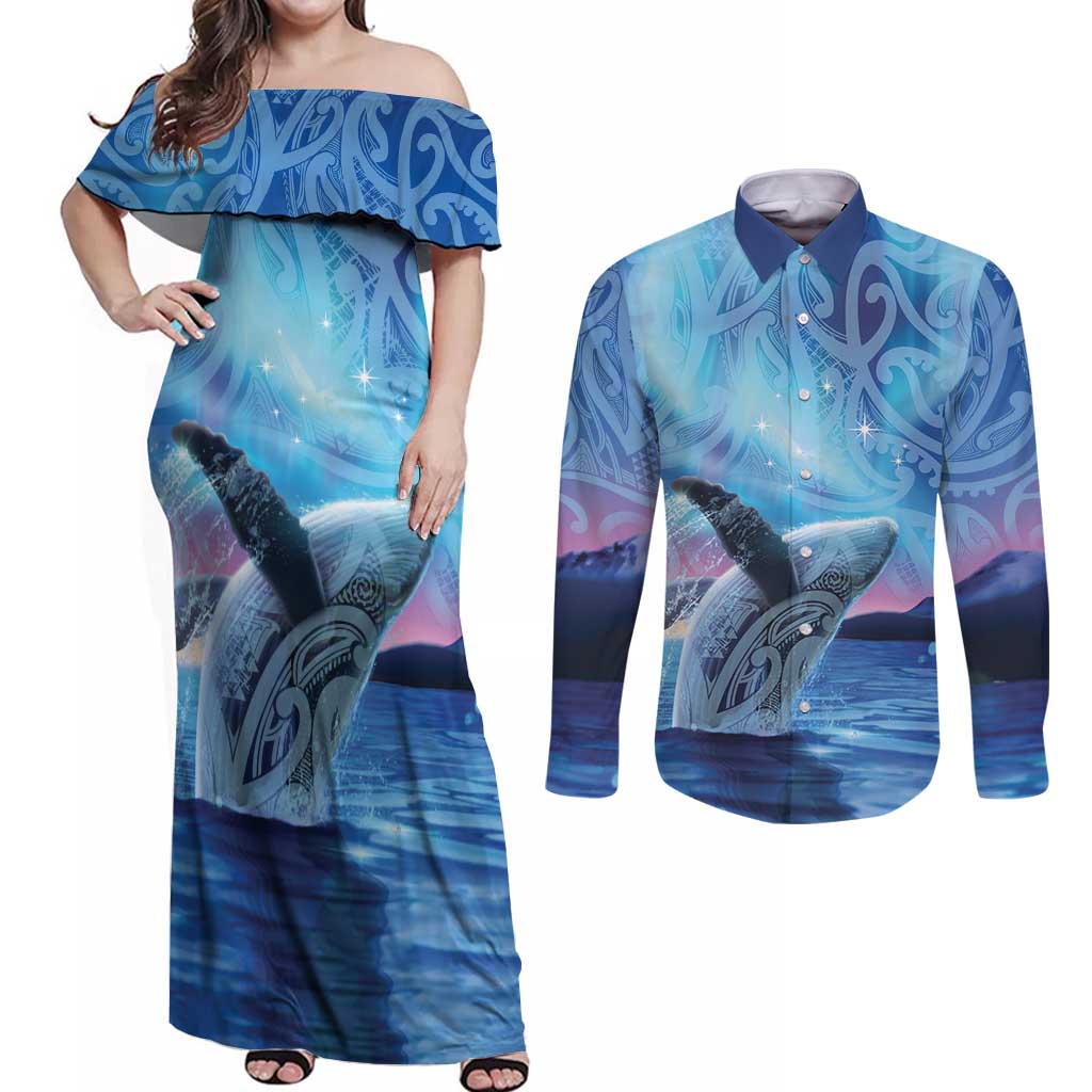 New Zealand Matariki Humpback Whale Couples Matching Off Shoulder Maxi Dress and Long Sleeve Button Shirt Paikea Maori New Year Blue Galaxy LT14 Blue - Polynesian Pride