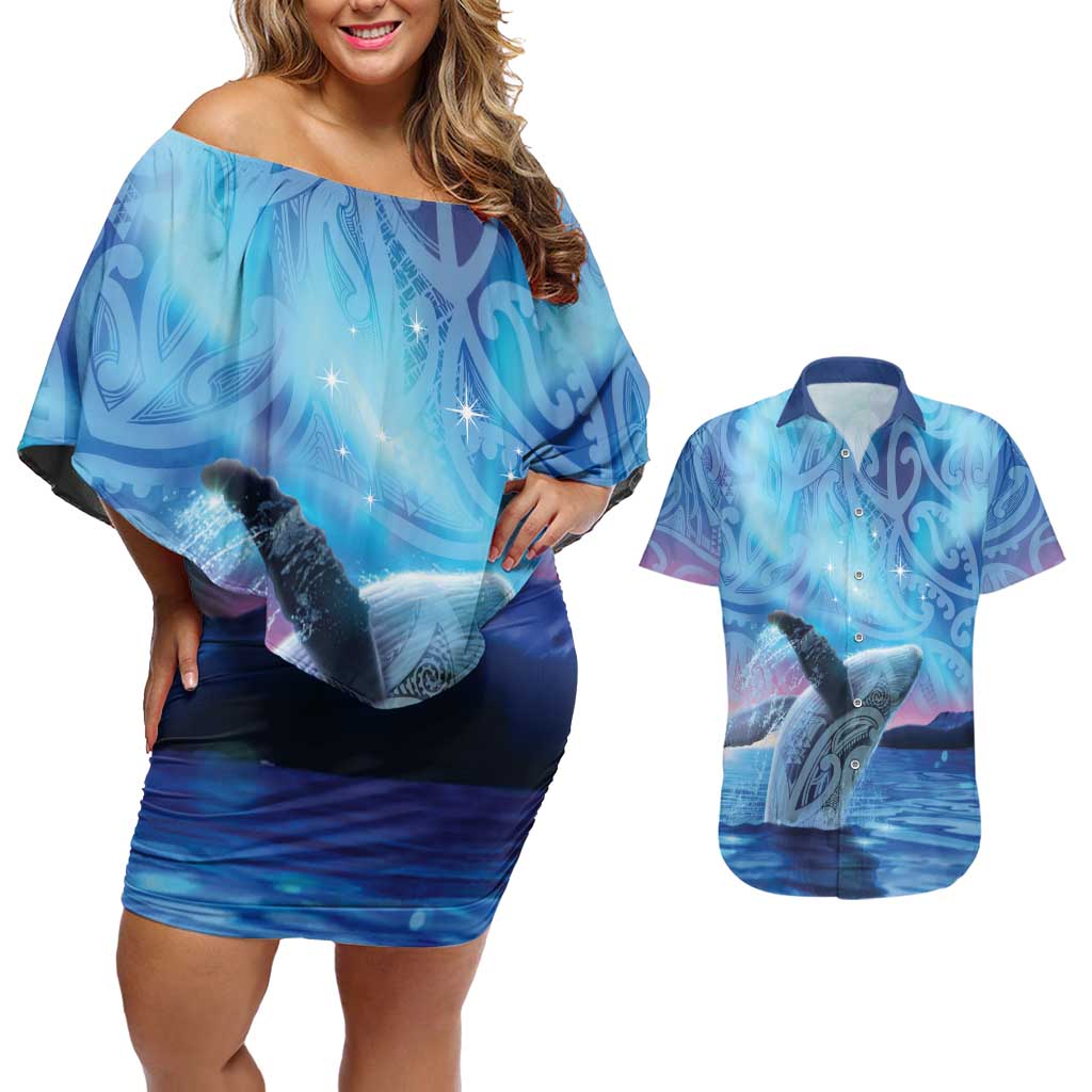 New Zealand Matariki Humpback Whale Couples Matching Off Shoulder Short Dress and Hawaiian Shirt Paikea Maori New Year Blue Galaxy LT14 Blue - Polynesian Pride