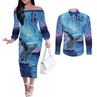 New Zealand Matariki Humpback Whale Couples Matching Off The Shoulder Long Sleeve Dress and Long Sleeve Button Shirt Paikea Maori New Year Blue Galaxy LT14 Blue - Polynesian Pride