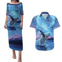 New Zealand Matariki Humpback Whale Couples Matching Puletasi and Hawaiian Shirt Paikea Maori New Year Blue Galaxy LT14 Blue - Polynesian Pride