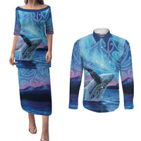 New Zealand Matariki Humpback Whale Couples Matching Puletasi and Long Sleeve Button Shirt Paikea Maori New Year Blue Galaxy LT14 Blue - Polynesian Pride
