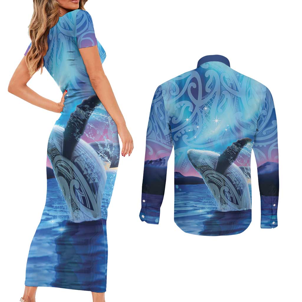 New Zealand Matariki Humpback Whale Couples Matching Short Sleeve Bodycon Dress and Long Sleeve Button Shirt Paikea Maori New Year Blue Galaxy LT14 - Polynesian Pride