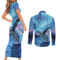 New Zealand Matariki Humpback Whale Couples Matching Short Sleeve Bodycon Dress and Long Sleeve Button Shirt Paikea Maori New Year Blue Galaxy LT14 - Polynesian Pride