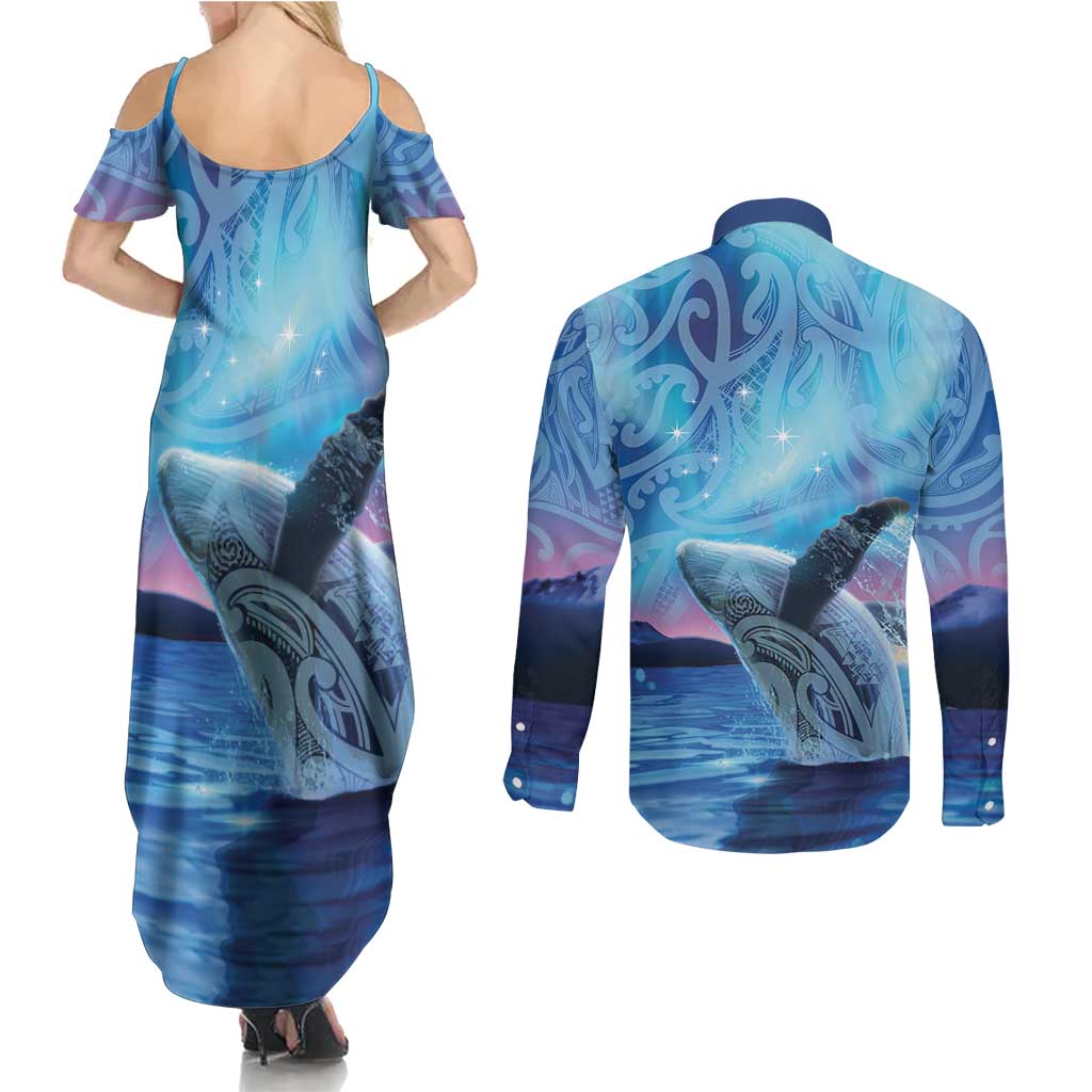New Zealand Matariki Humpback Whale Couples Matching Summer Maxi Dress and Long Sleeve Button Shirt Paikea Maori New Year Blue Galaxy LT14 - Polynesian Pride