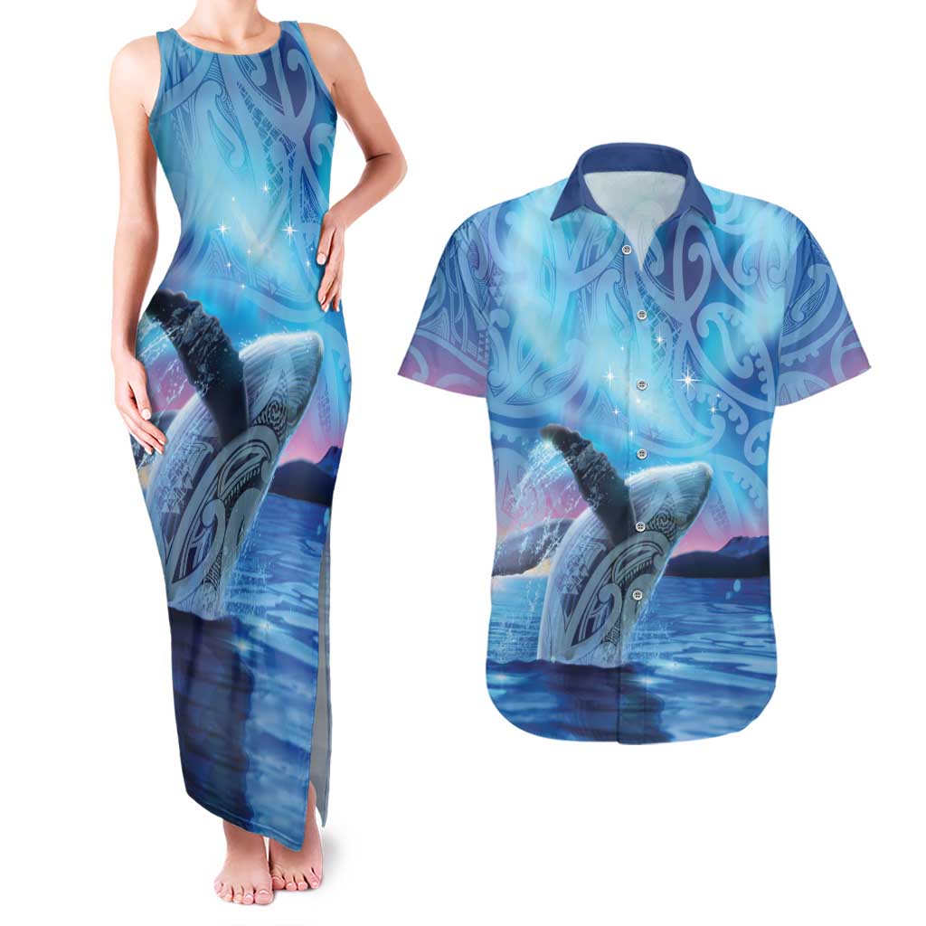 New Zealand Matariki Humpback Whale Couples Matching Tank Maxi Dress and Hawaiian Shirt Paikea Maori New Year Blue Galaxy LT14 Blue - Polynesian Pride