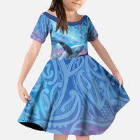 New Zealand Matariki Humpback Whale Family Matching Off The Shoulder Long Sleeve Dress and Hawaiian Shirt Paikea Maori New Year Blue Galaxy LT14 Daughter's Dress Blue - Polynesian Pride