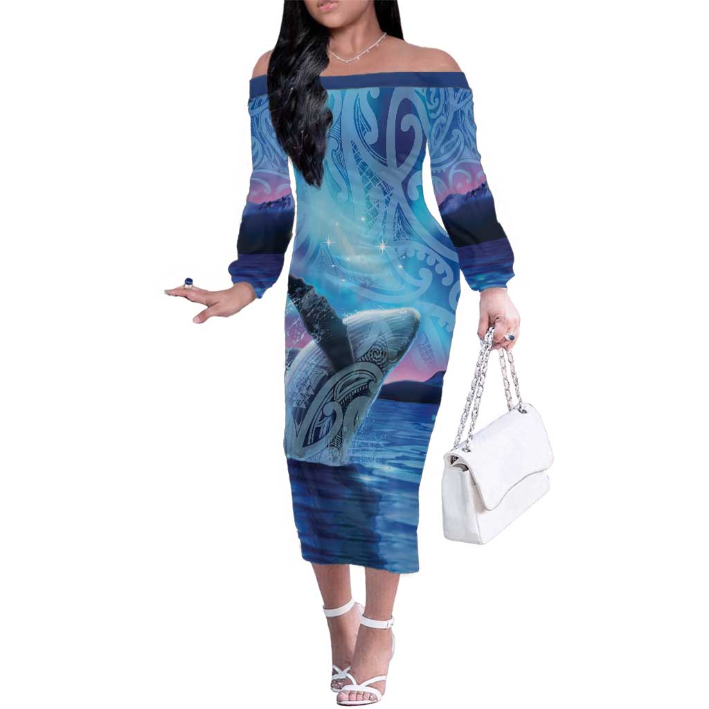 New Zealand Matariki Humpback Whale Family Matching Off The Shoulder Long Sleeve Dress and Hawaiian Shirt Paikea Maori New Year Blue Galaxy LT14 Mom's Dress Blue - Polynesian Pride