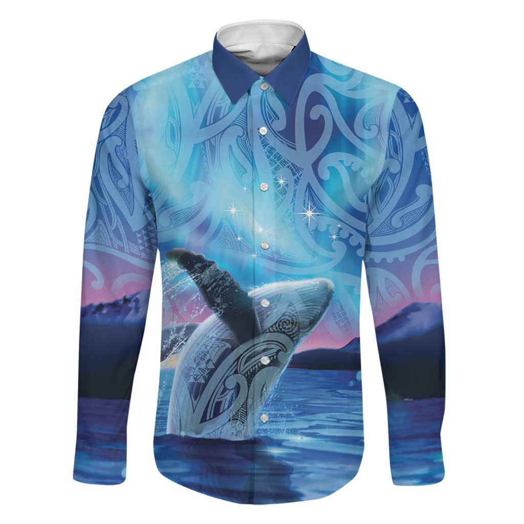 New Zealand Matariki Humpback Whale Family Matching Off Shoulder Short Dress and Hawaiian Shirt Paikea Maori New Year Blue Galaxy LT14 Dad's Shirt - Long Sleeve Blue - Polynesian Pride