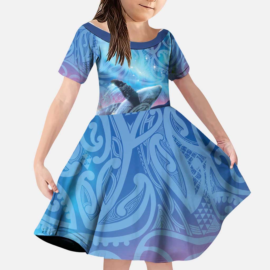 New Zealand Matariki Humpback Whale Family Matching Short Sleeve Bodycon Dress and Hawaiian Shirt Paikea Maori New Year Blue Galaxy LT14 Daughter's Dress Blue - Polynesian Pride