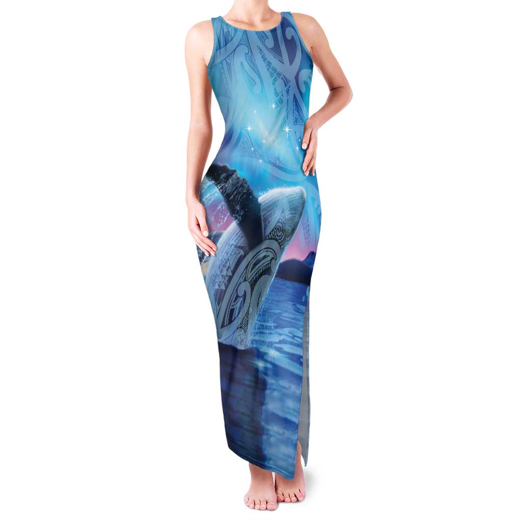 New Zealand Matariki Humpback Whale Family Matching Tank Maxi Dress and Hawaiian Shirt Paikea Maori New Year Blue Galaxy LT14 Mom's Dress Blue - Polynesian Pride