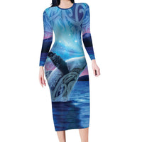 New Zealand Matariki Humpback Whale Long Sleeve Bodycon Dress Paikea Maori New Year Blue Galaxy LT14 Long Dress Blue - Polynesian Pride