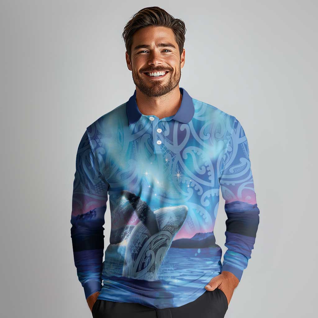 New Zealand Matariki Humpback Whale Long Sleeve Polo Shirt Paikea Maori New Year Blue Galaxy