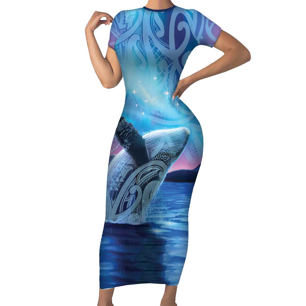 New Zealand Matariki Humpback Whale Short Sleeve Bodycon Dress Paikea Maori New Year Blue Galaxy LT14 Long Dress Blue - Polynesian Pride