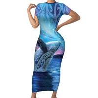 New Zealand Matariki Humpback Whale Short Sleeve Bodycon Dress Paikea Maori New Year Blue Galaxy LT14 Long Dress Blue - Polynesian Pride