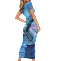 New Zealand Matariki Humpback Whale Short Sleeve Bodycon Dress Paikea Maori New Year Blue Galaxy LT14 - Polynesian Pride