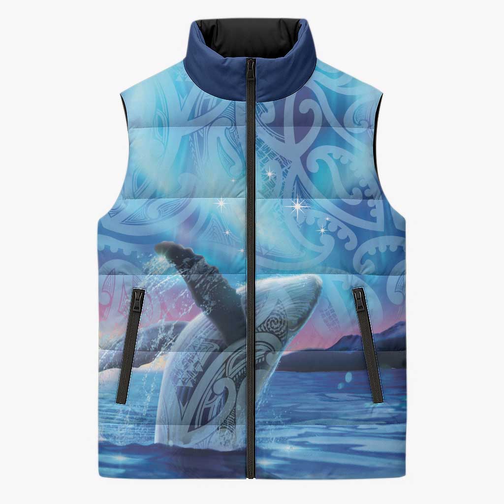New Zealand Matariki Humpback Whale Sleeveless Puffer Jacket Paikea Maori New Year Blue Galaxy