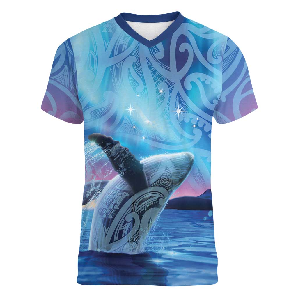 New Zealand Matariki Humpback Whale Women V-Neck T-Shirt Paikea Maori New Year Blue Galaxy LT14 Female Blue - Polynesian Pride