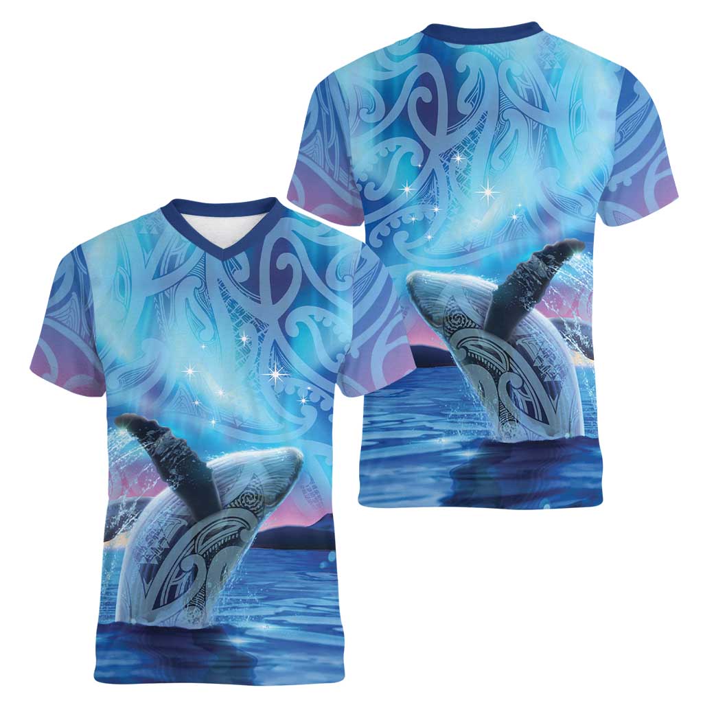 New Zealand Matariki Humpback Whale Women V-Neck T-Shirt Paikea Maori New Year Blue Galaxy LT14 - Polynesian Pride