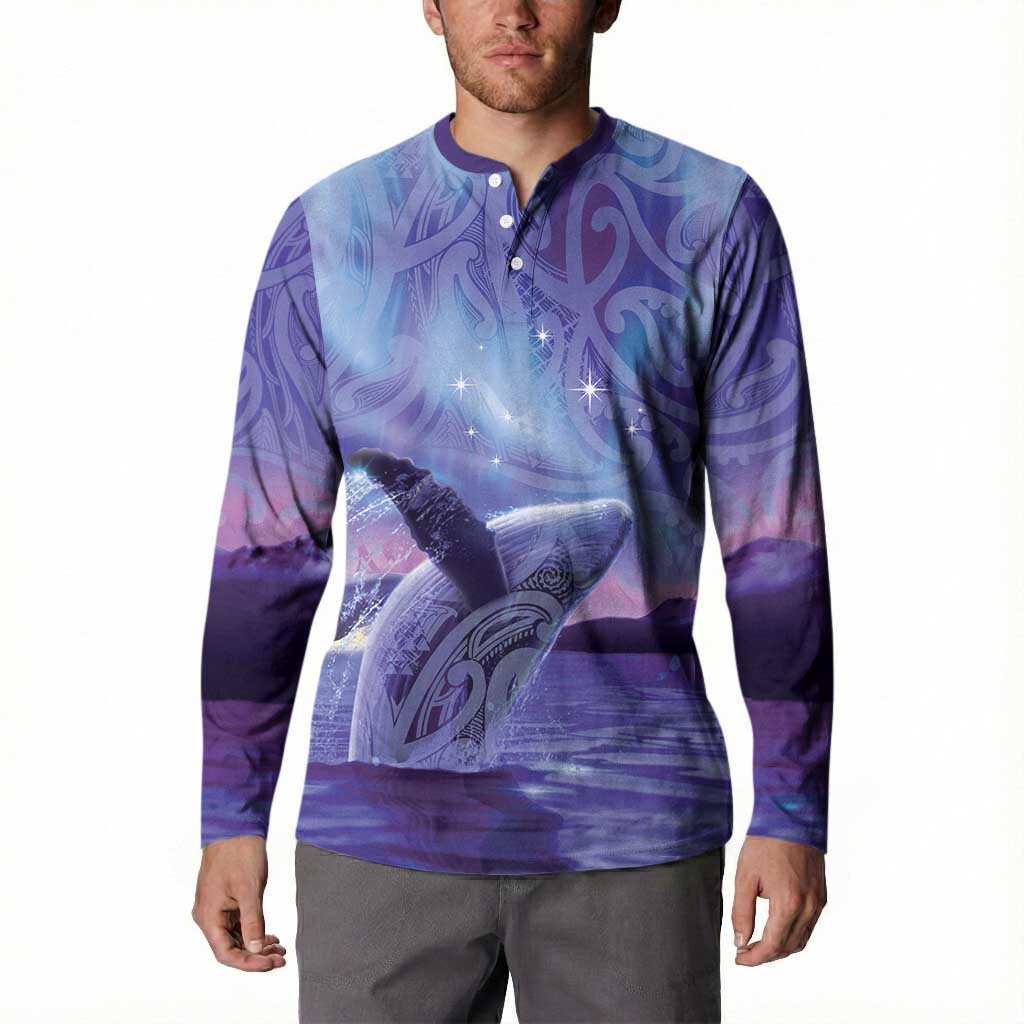 New Zealand Matariki Humpback Whale Button Sweatshirt Paikea Maori New Year Purple Galaxy