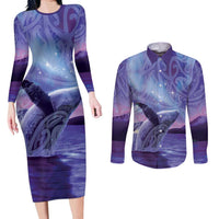 New Zealand Matariki Humpback Whale Couples Matching Long Sleeve Bodycon Dress and Long Sleeve Button Shirt Paikea Maori New Year Purple Galaxy LT14 Purple - Polynesian Pride