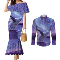 New Zealand Matariki Humpback Whale Couples Matching Mermaid Dress and Long Sleeve Button Shirt Paikea Maori New Year Purple Galaxy LT14 Purple - Polynesian Pride