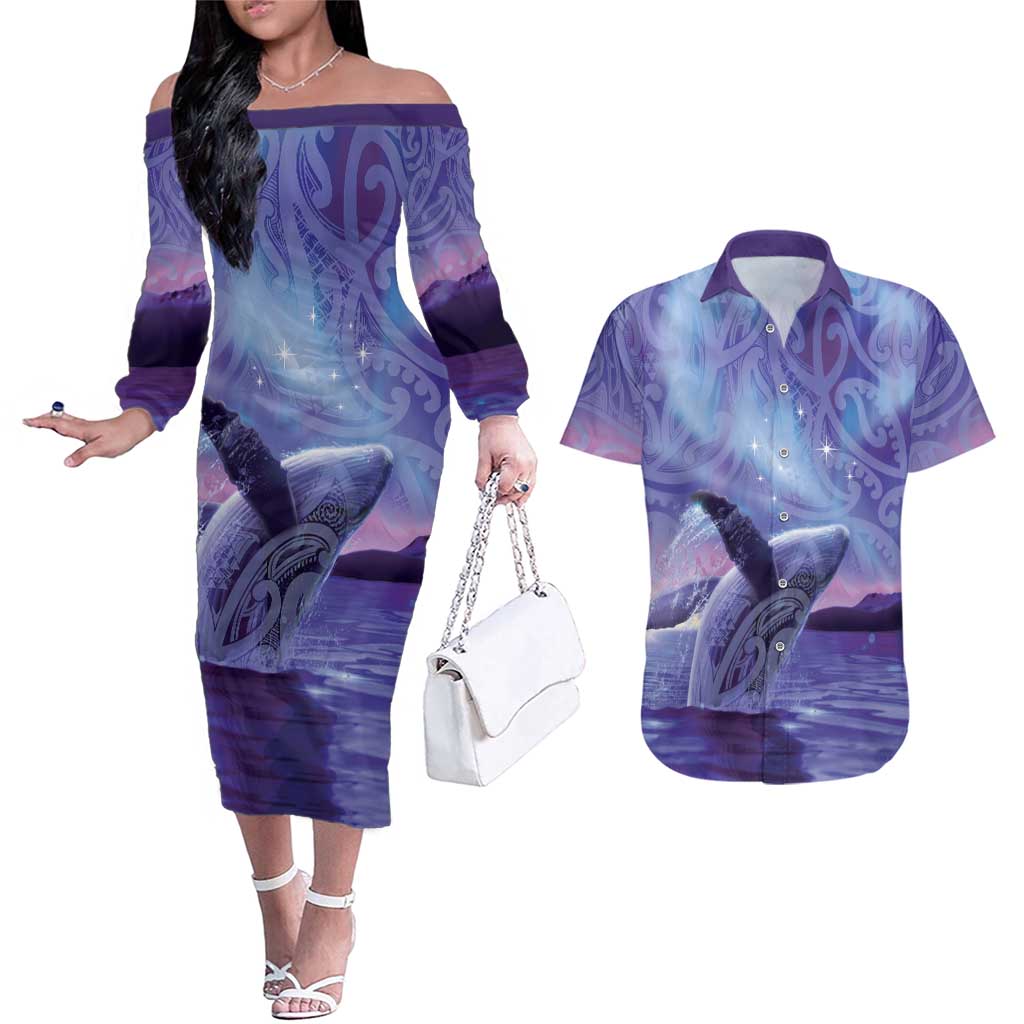 New Zealand Matariki Humpback Whale Couples Matching Off The Shoulder Long Sleeve Dress and Hawaiian Shirt Paikea Maori New Year Purple Galaxy LT14 Purple - Polynesian Pride