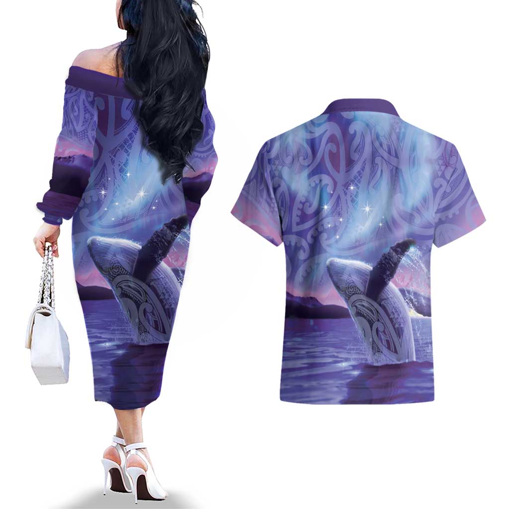 New Zealand Matariki Humpback Whale Couples Matching Off The Shoulder Long Sleeve Dress and Hawaiian Shirt Paikea Maori New Year Purple Galaxy LT14 - Polynesian Pride