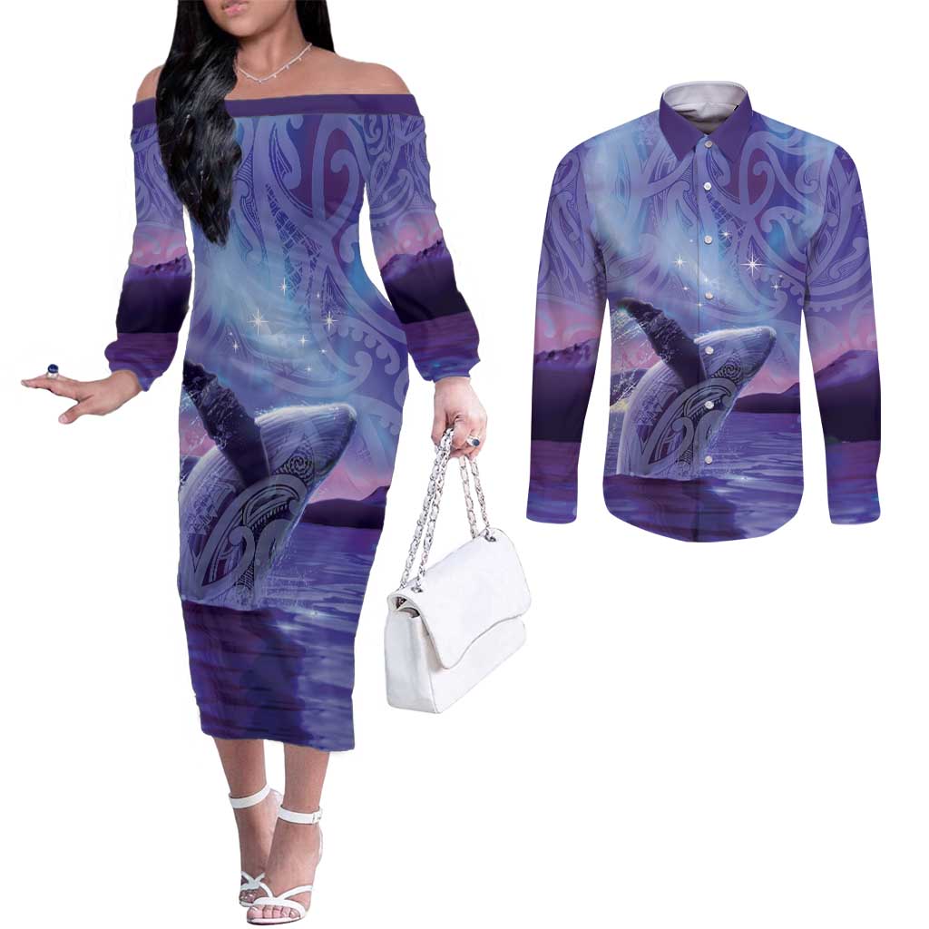 New Zealand Matariki Humpback Whale Couples Matching Off The Shoulder Long Sleeve Dress and Long Sleeve Button Shirt Paikea Maori New Year Purple Galaxy LT14 Purple - Polynesian Pride