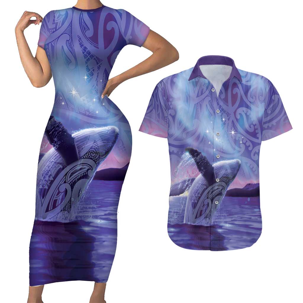 New Zealand Matariki Humpback Whale Couples Matching Short Sleeve Bodycon Dress and Hawaiian Shirt Paikea Maori New Year Purple Galaxy LT14 Purple - Polynesian Pride