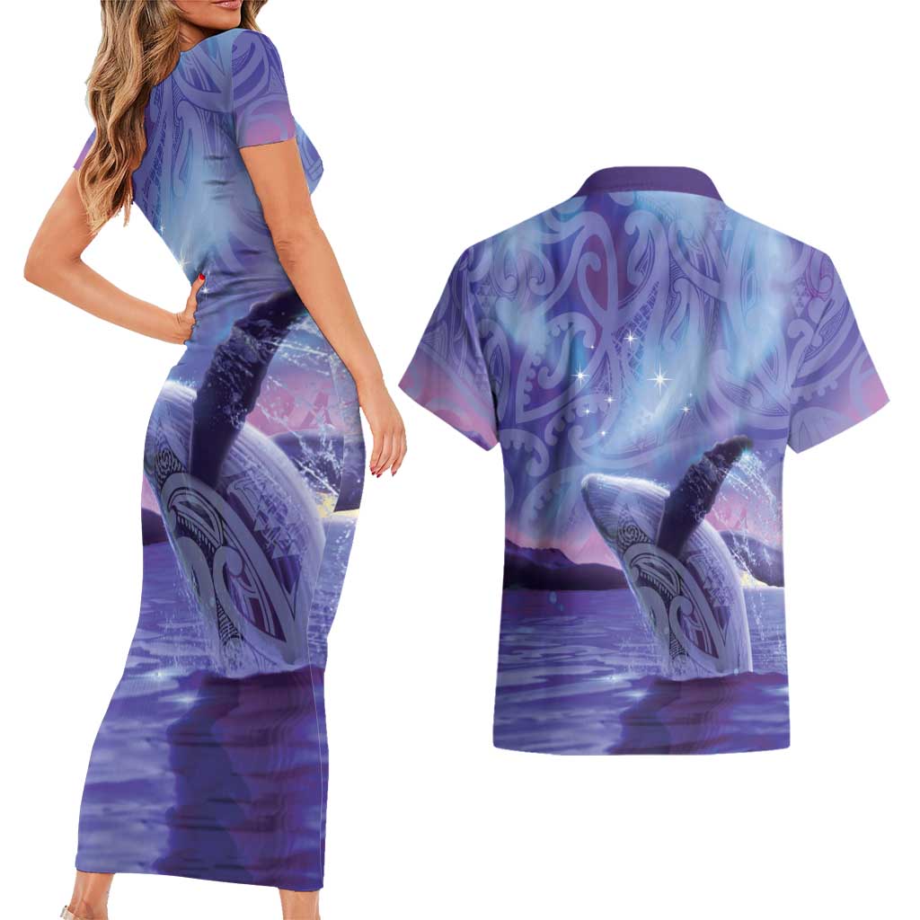 New Zealand Matariki Humpback Whale Couples Matching Short Sleeve Bodycon Dress and Hawaiian Shirt Paikea Maori New Year Purple Galaxy LT14 - Polynesian Pride