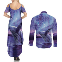 New Zealand Matariki Humpback Whale Couples Matching Summer Maxi Dress and Long Sleeve Button Shirt Paikea Maori New Year Purple Galaxy LT14 - Polynesian Pride