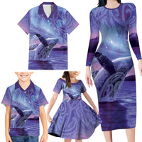 New Zealand Matariki Humpback Whale Family Matching Long Sleeve Bodycon Dress and Hawaiian Shirt Paikea Maori New Year Purple Galaxy LT14 - Polynesian Pride