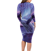 New Zealand Matariki Humpback Whale Family Matching Long Sleeve Bodycon Dress and Hawaiian Shirt Paikea Maori New Year Purple Galaxy LT14 - Polynesian Pride