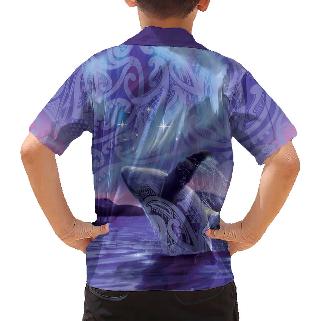 New Zealand Matariki Humpback Whale Family Matching Off The Shoulder Long Sleeve Dress and Hawaiian Shirt Paikea Maori New Year Purple Galaxy LT14 - Polynesian Pride