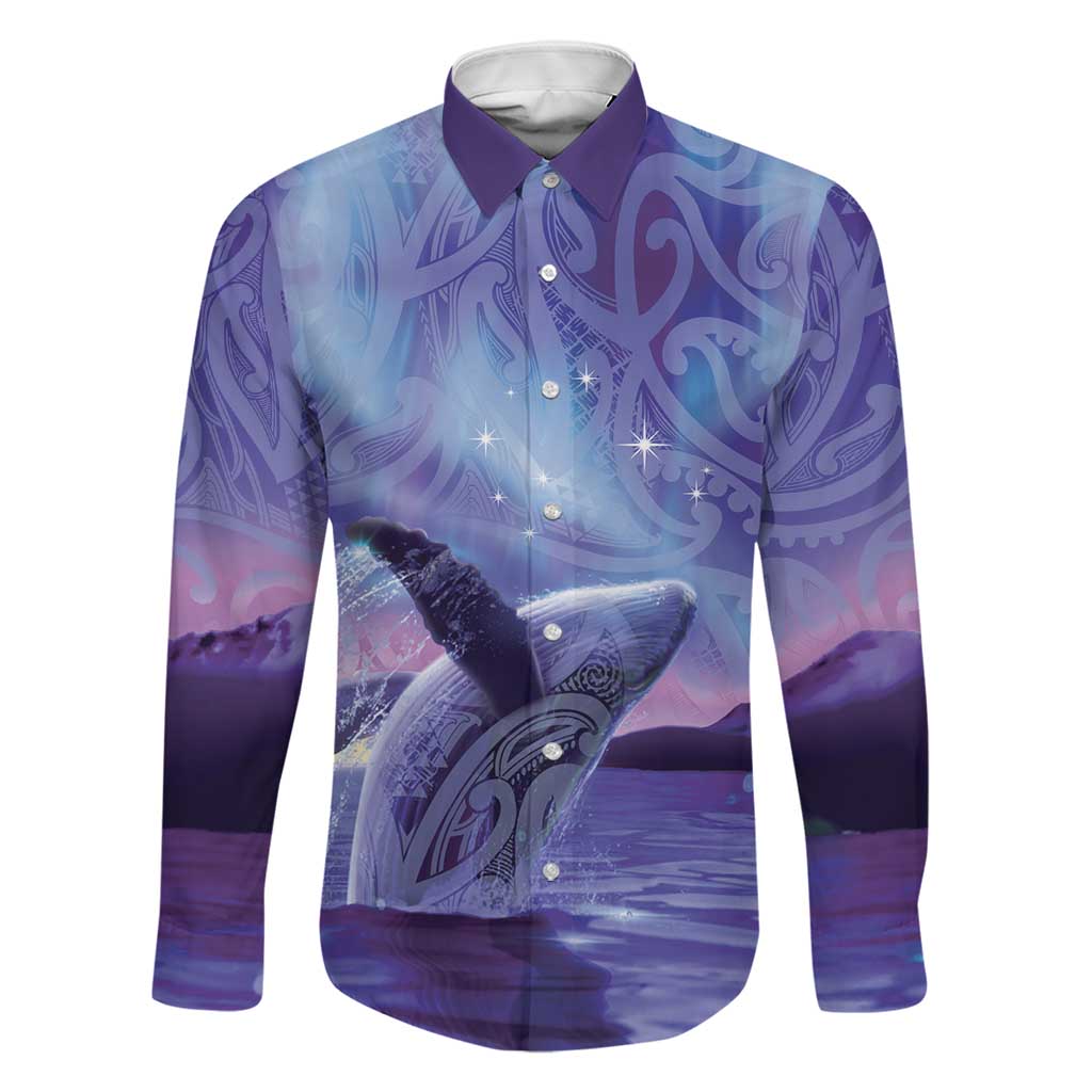 New Zealand Matariki Humpback Whale Family Matching Off The Shoulder Long Sleeve Dress and Hawaiian Shirt Paikea Maori New Year Purple Galaxy LT14 Dad's Shirt - Long Sleeve Purple - Polynesian Pride
