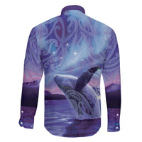 New Zealand Matariki Humpback Whale Family Matching Off The Shoulder Long Sleeve Dress and Hawaiian Shirt Paikea Maori New Year Purple Galaxy LT14 - Polynesian Pride