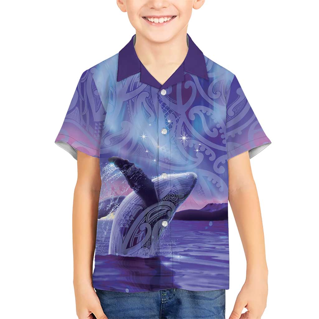 New Zealand Matariki Humpback Whale Family Matching Off The Shoulder Long Sleeve Dress and Hawaiian Shirt Paikea Maori New Year Purple Galaxy LT14 Son's Shirt Purple - Polynesian Pride
