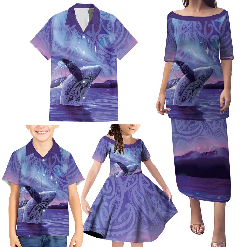 New Zealand Matariki Humpback Whale Family Matching Puletasi and Hawaiian Shirt Paikea Maori New Year Purple Galaxy