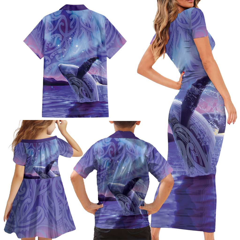 New Zealand Matariki Humpback Whale Family Matching Short Sleeve Bodycon Dress and Hawaiian Shirt Paikea Maori New Year Purple Galaxy LT14 - Polynesian Pride