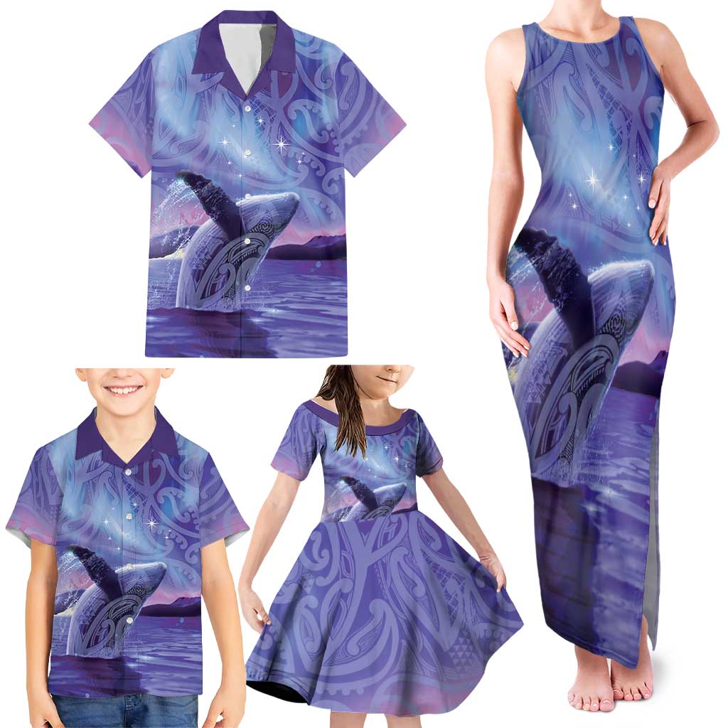New Zealand Matariki Humpback Whale Family Matching Tank Maxi Dress and Hawaiian Shirt Paikea Maori New Year Purple Galaxy