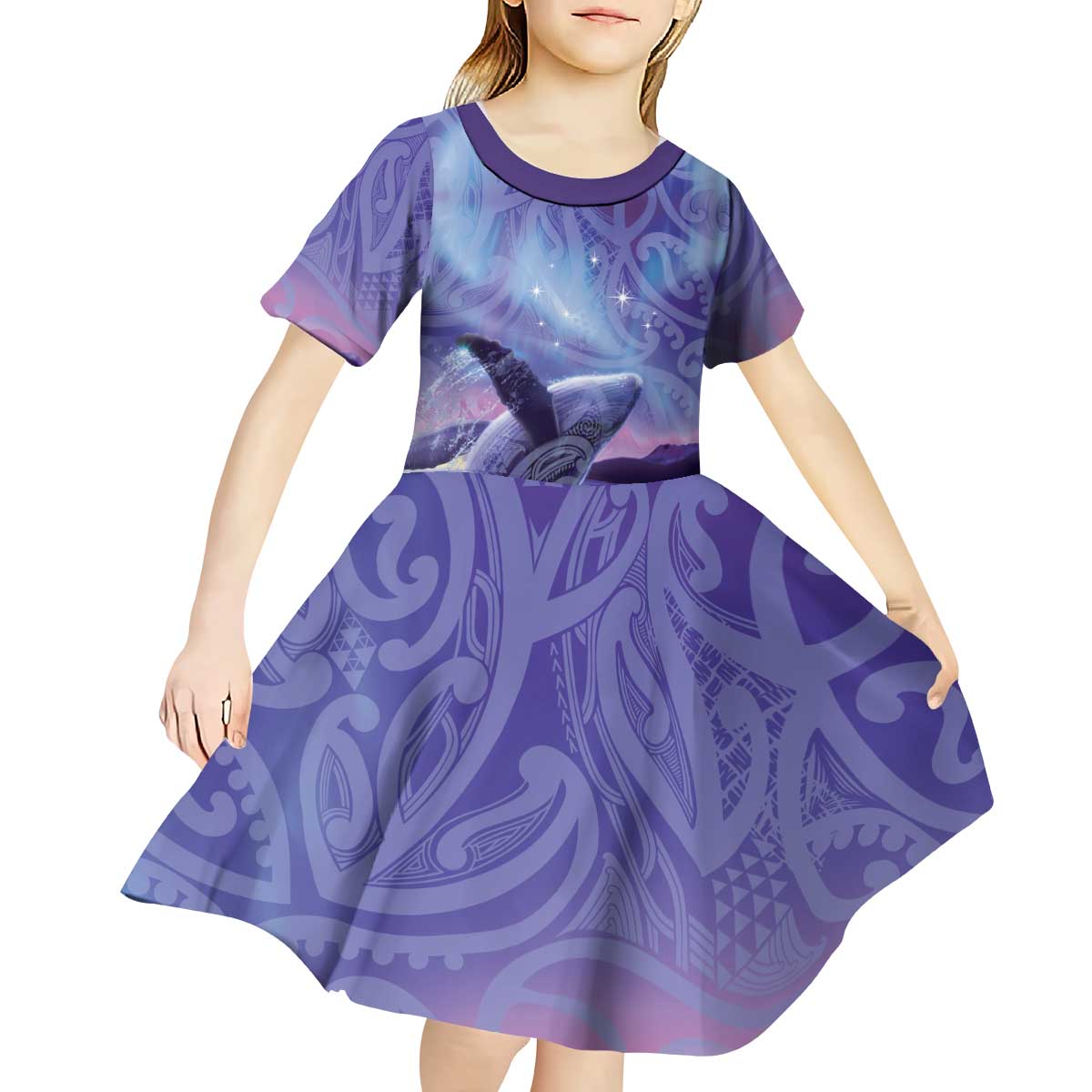 New Zealand Matariki Humpback Whale Kid Short Sleeve Dress Paikea Maori New Year Purple Galaxy LT14 - Polynesian Pride