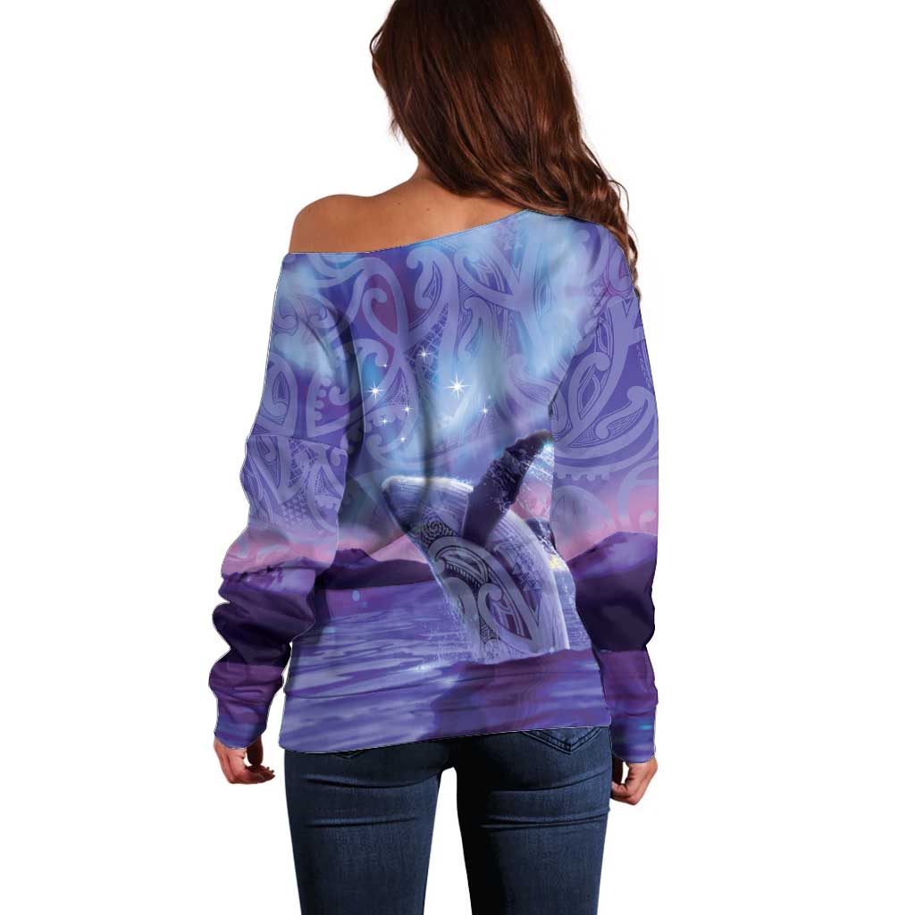 New Zealand Matariki Humpback Whale Off Shoulder Sweater Paikea Maori New Year Purple Galaxy