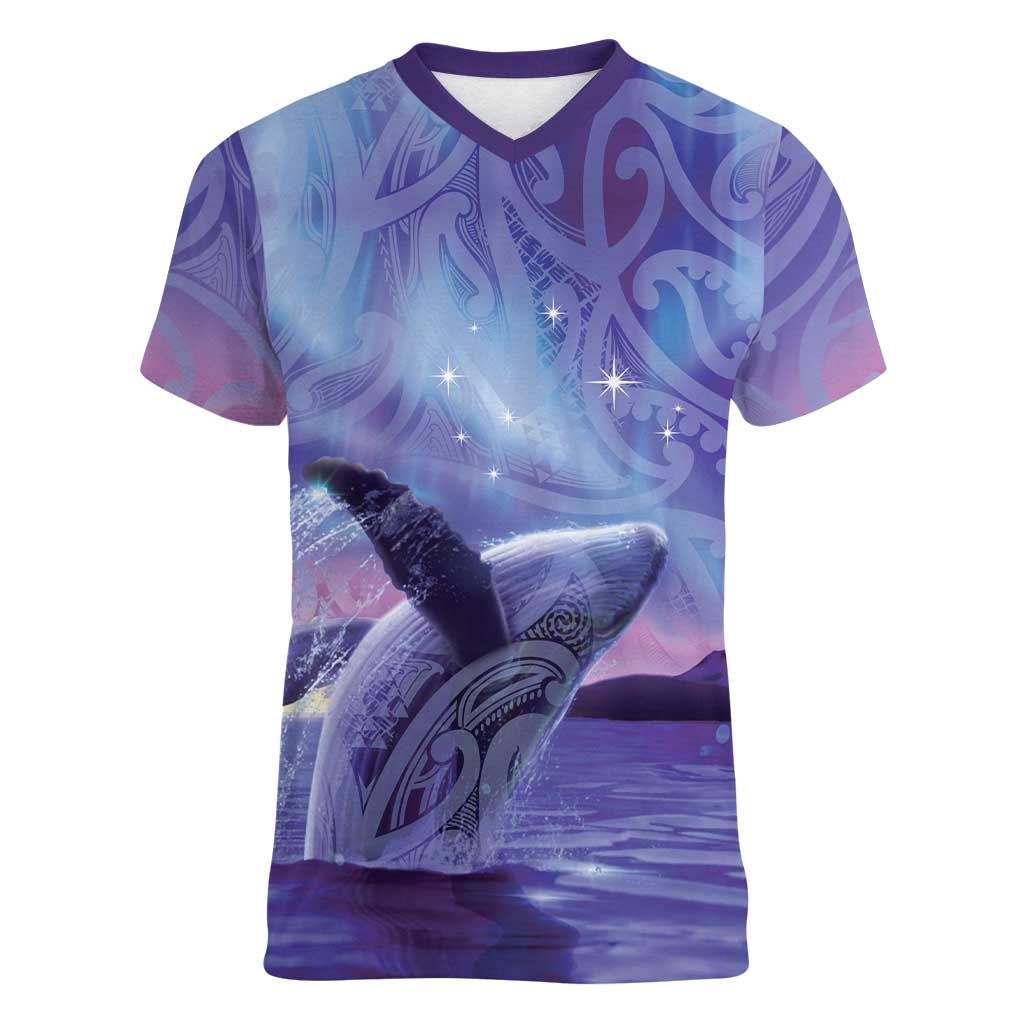 New Zealand Matariki Humpback Whale Women V-Neck T-Shirt Paikea Maori New Year Purple Galaxy LT14 Female Purple - Polynesian Pride