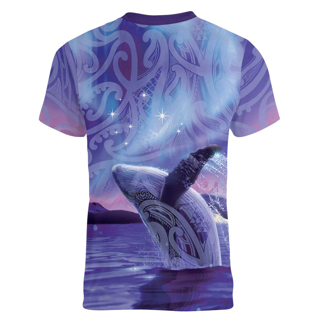 New Zealand Matariki Humpback Whale Women V-Neck T-Shirt Paikea Maori New Year Purple Galaxy LT14 - Polynesian Pride