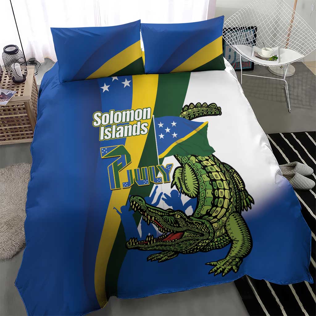 Solomon Islands Independence Day Bedding Set Happy 7 July Crocodile Flag Style