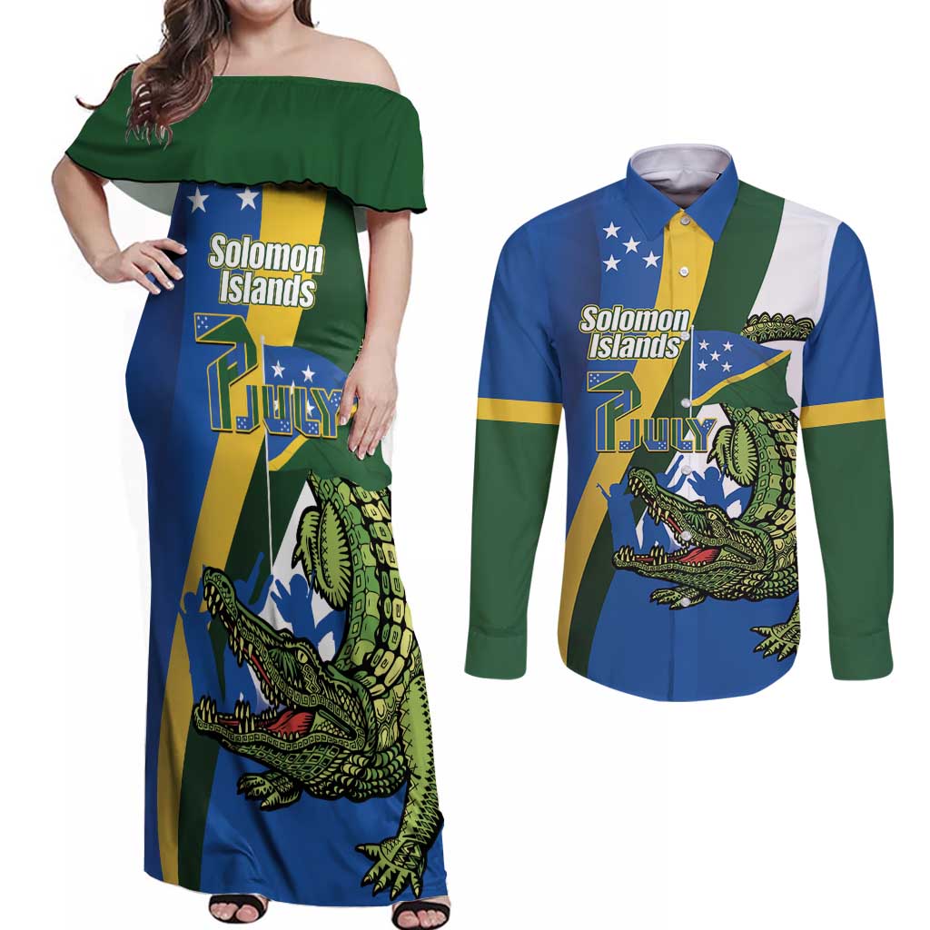 Solomon Islands Independence Day Couples Matching Off Shoulder Maxi Dress and Long Sleeve Button Shirt Happy 7 July Crocodile Flag Style