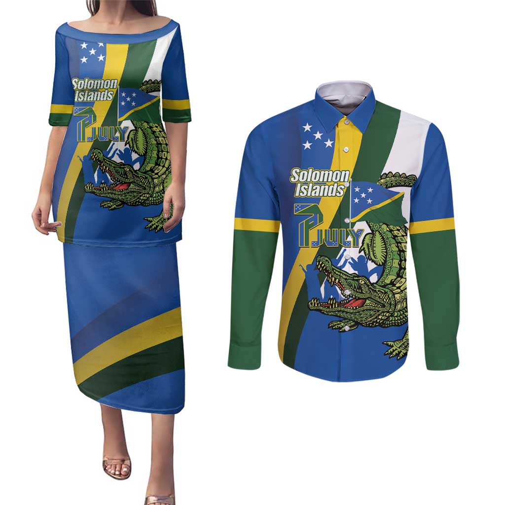 Solomon Islands Independence Day Couples Matching Puletasi and Long Sleeve Button Shirt Happy 7 July Crocodile Flag Style