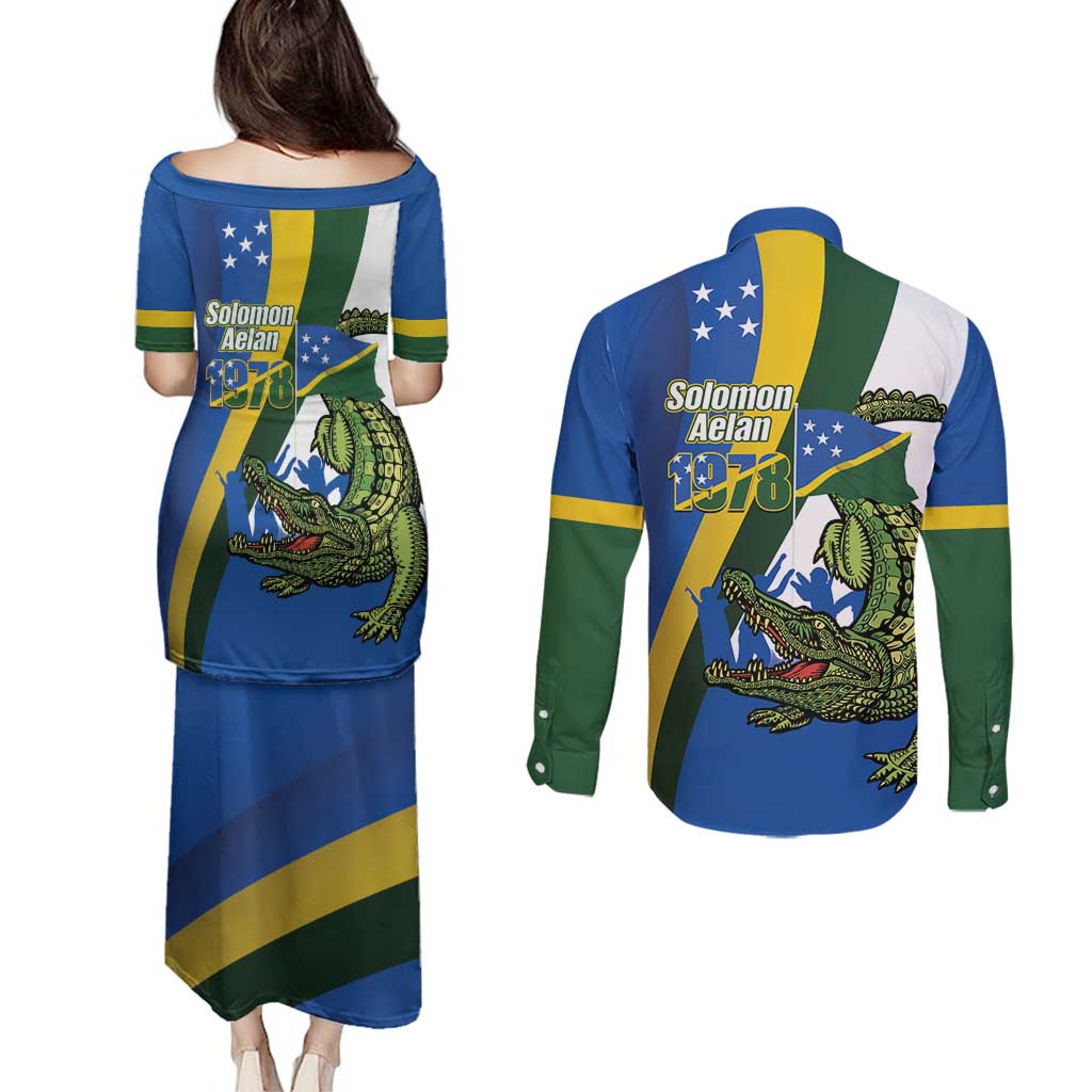 Solomon Islands Independence Day Couples Matching Puletasi and Long Sleeve Button Shirt Happy 7 July Crocodile Flag Style